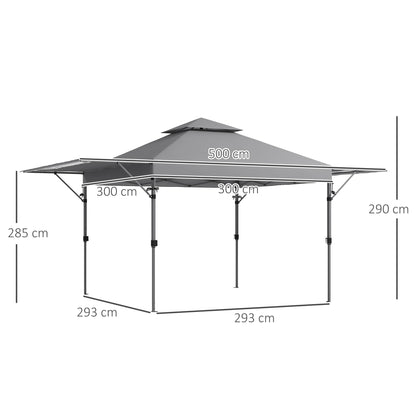 5 x 3(m) Pop Up Gazebo With Extend Dual Awnings 1 Person Easy up Marquee Party Tent with 1-Button Push, Height Adjustable Instant Shelter - Grey