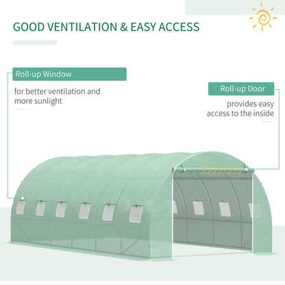 Outsunny 6 x 3 x 2 m Large Walk-In Greenhouse Garden Polytunnel Greenhouse with Steel Frame, Zippered Door and Roll Up Windows, Green