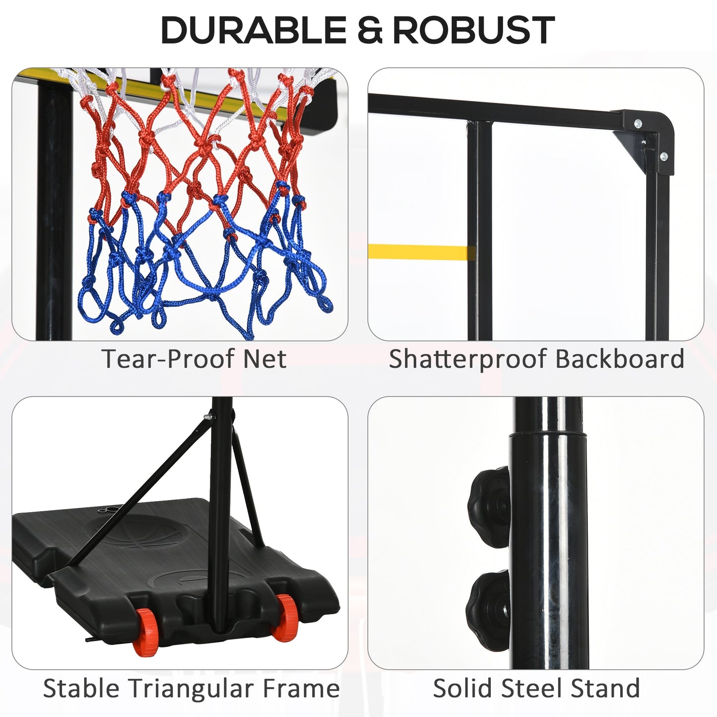 SPORTNOW Height Adjustable Basketball Hoop and Stand with Firm Backboard and Weighted Base, Portable on Wheels, Yellow