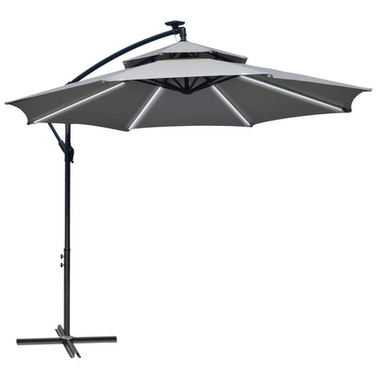 Outsunny 3(m) Cantilever Banana Parasol wiszący z podwójnym dachem, światłami LED Solar, korbą, 8 wytrzymałymi żebrami i podstawą krzyżową do użytku na zewnątrz, w ogrodzie, na patio, jasnoszary