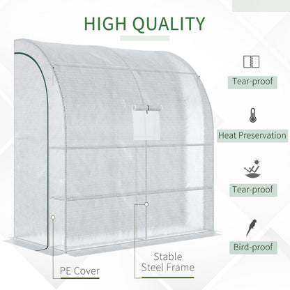 Szklarnia Outsunny Walk-In Lean to Wall z oknami i drzwiami 2 poziomy 4 półki druciane 200L x 100W x 215Hcm biała