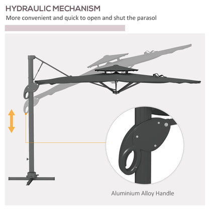 Outsunny Garden Parasol, 3(m) Cantilever Parasol with Hydraulic Mechanism, Dual Vented Top, 8 Ribs, Cross Base, Grey