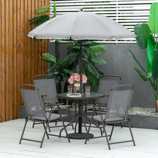 Outsunny 6 Piece Garden Dining Set with Umbrella, Patio Sets with Parasol with 4 Folding Dining Chairs & Round Tempered Glass Table, Grey