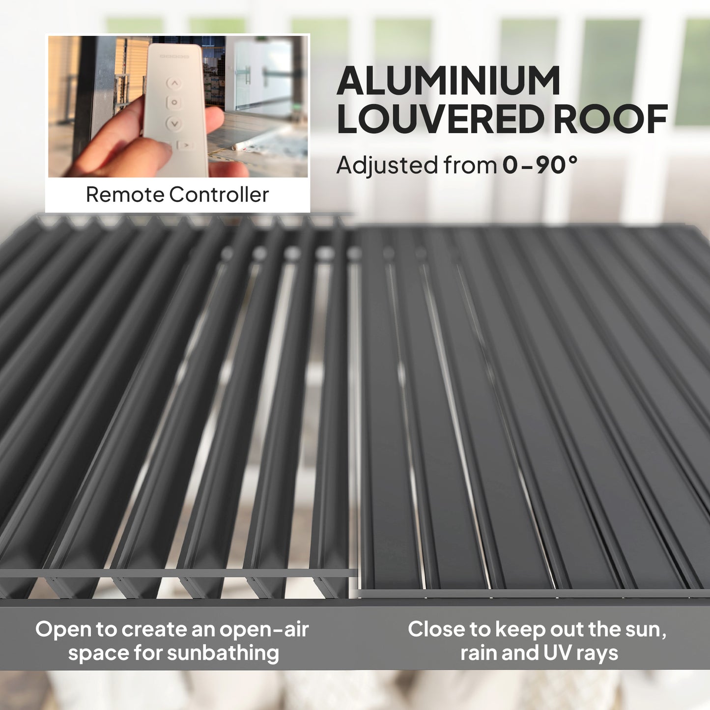 Outsunny 3 x 3(m) Elektryczna pergola żaluzjowa z oświetleniem LED, aluminiowa pergola z twardym dachem i pilotem, regulowany dach i system odwodnienia, wodoodporna i odporna na promieniowanie UV