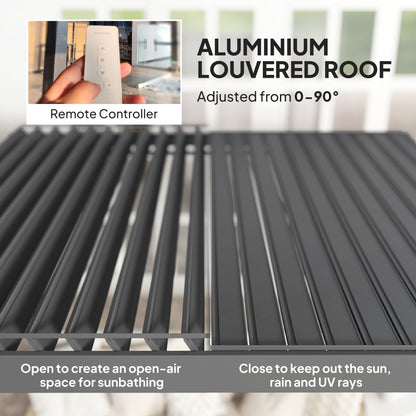 Outsunny 3 x 3(m) Elektryczna pergola żaluzjowa z oświetleniem LED, aluminiowa pergola z twardym dachem i pilotem, regulowany dach i system odwodnienia, wodoodporna i odporna na promieniowanie UV