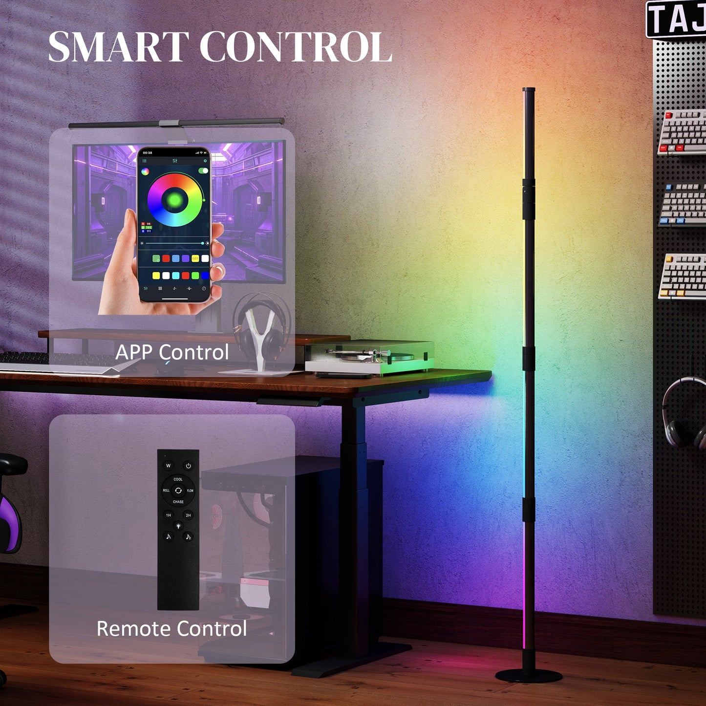 Lampa podłogowa LED HOMCOM, 360√Ç¬∞ RGB, odłączana lampa narożna z aplikacją i pilotem, zmieniająca kolor lampa stojąca z synchronizacją muzyki i timerem, do salonu, pokoju gier, ciemnoszary