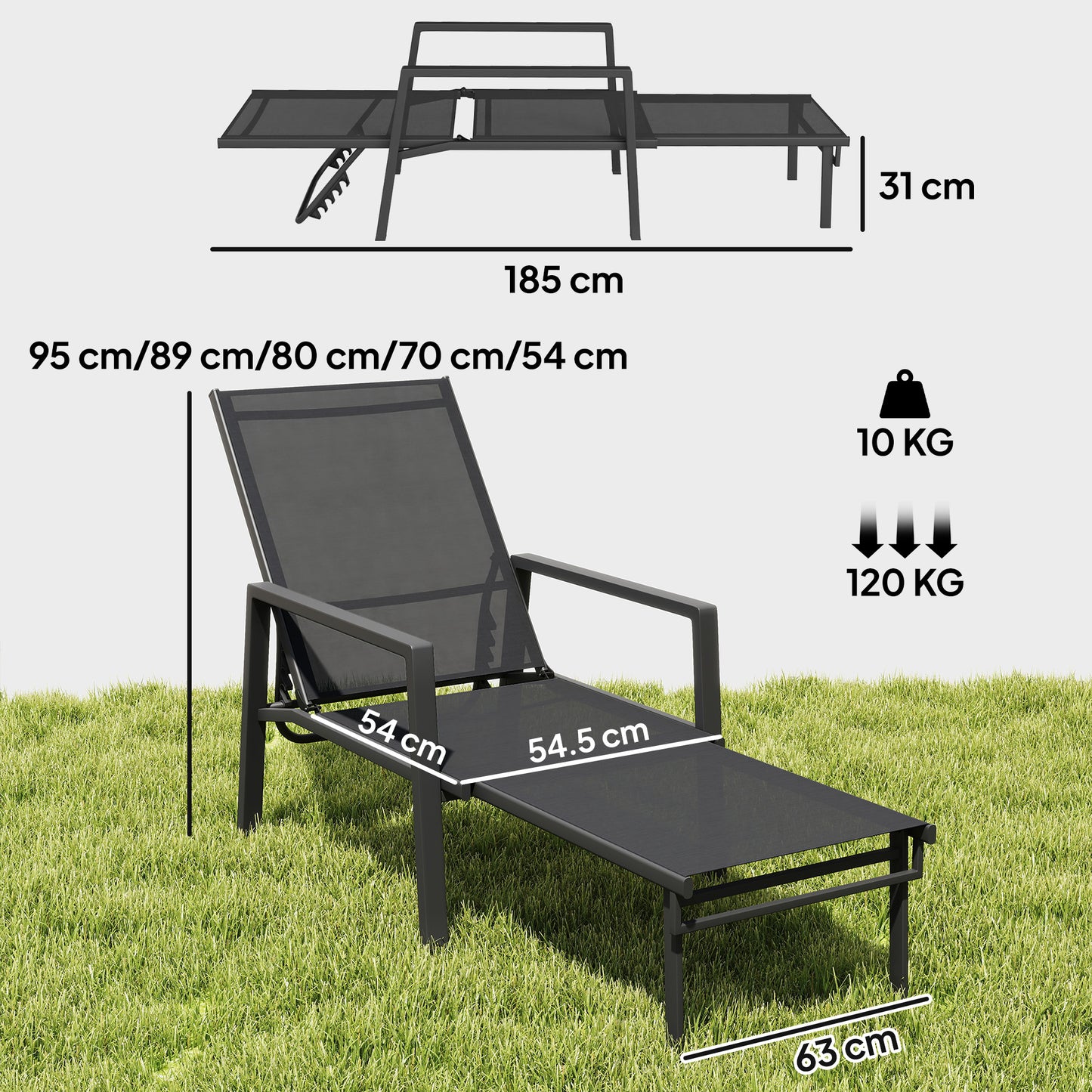 Outsunny Sun Loungers Set of 2 Retractable Footrest 5-Position Adjustable Steel Frame for Beach, Porch, Patio, Camping, Black
