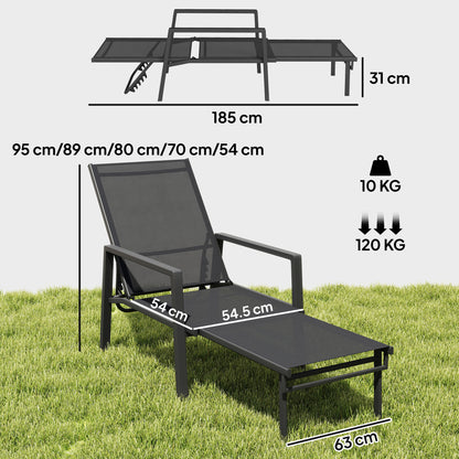 Outsunny Sun Loungers Set of 2 Retractable Footrest 5-Position Adjustable Steel Frame for Beach, Porch, Patio, Camping, Black