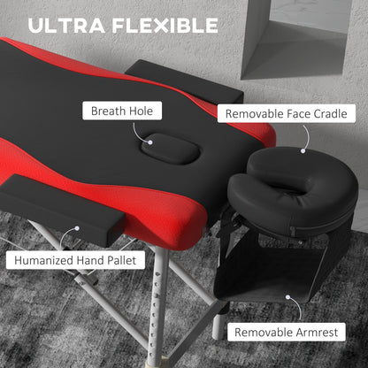 HOMCOM Foldable Massage Bed Portable Table, 3-Section Aluminium Foldable Beauty Couch, Professional Salon Spa Table with Headrest Support and Carry Bag, 60 cm Width, Black and Red