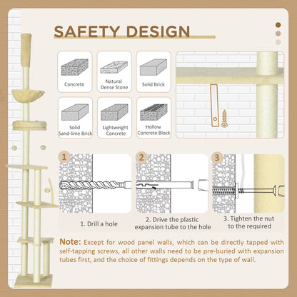 شجرة قطط من الأرض إلى السقف من PawHut، مركز أنشطة تسلق برج اللعب مكون من 6 طبقات مع عمود خدش، منصات، ارتفاع قابل للتعديل، بيج