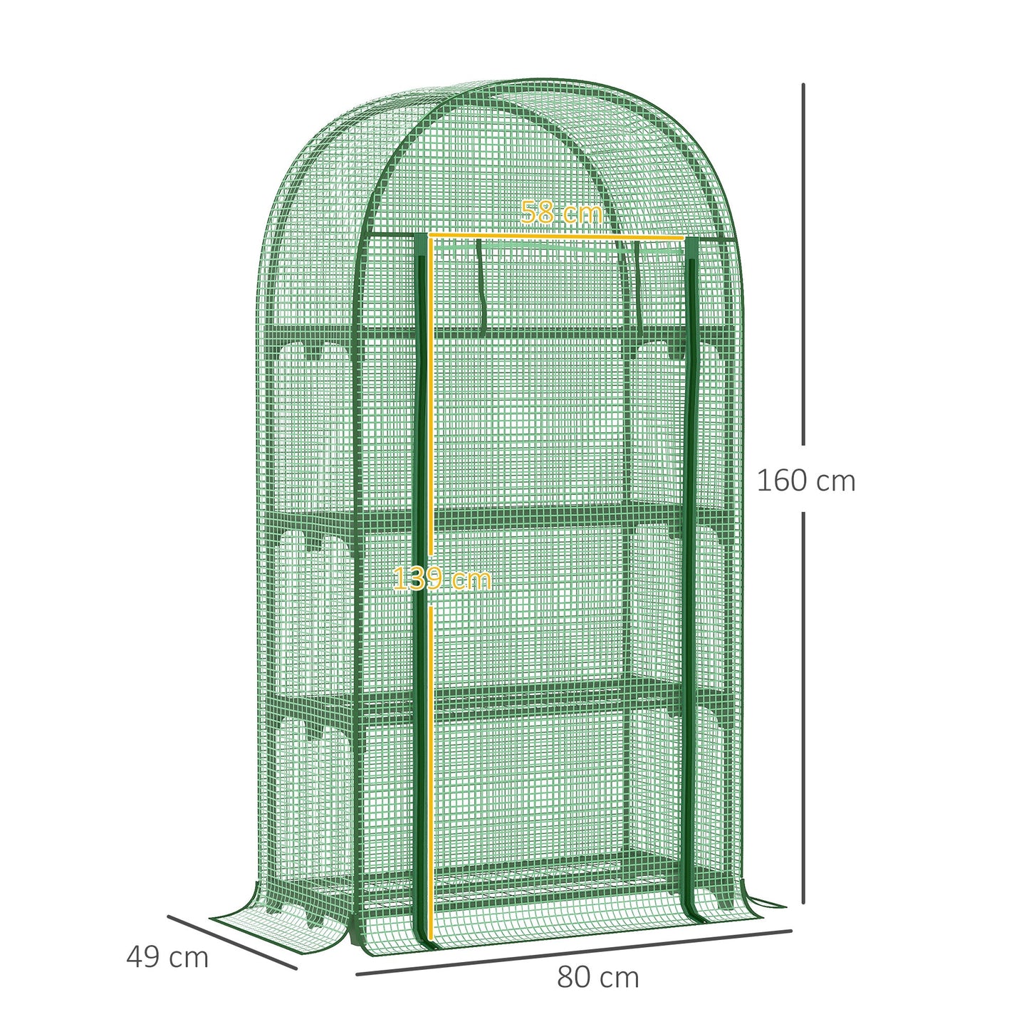 دفيئة صغيرة من Outsunny مقاس 80 × 49 × 160 سم للاستخدام في الهواء الطلق، دفيئة نباتات محمولة للزراعة مع رف تخزين، باب بسحاب قابل للطي، إطار معدني وغطاء من البولي إيثيلين، أخضر