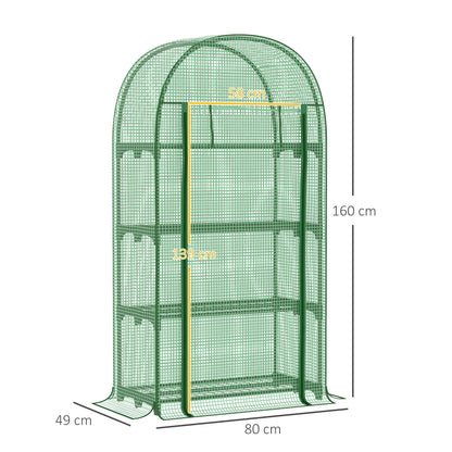 دفيئة صغيرة من Outsunny مقاس 80 × 49 × 160 سم للاستخدام في الهواء الطلق، دفيئة نباتات محمولة للزراعة مع رف تخزين، باب بسحاب قابل للطي، إطار معدني وغطاء من البولي إيثيلين، أخضر