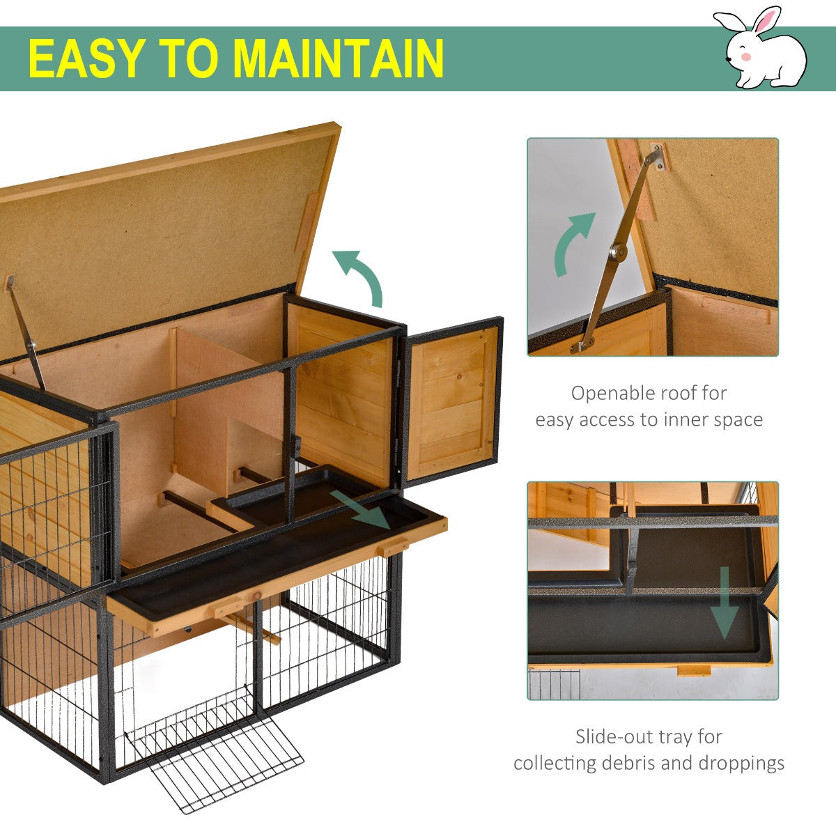 PawHut Wood / Metal Rabbit Hutch Elevated Pet House Bunny Cage with Slide-Out Tray Asphalt Openable Roof Lockable Door Outdoor