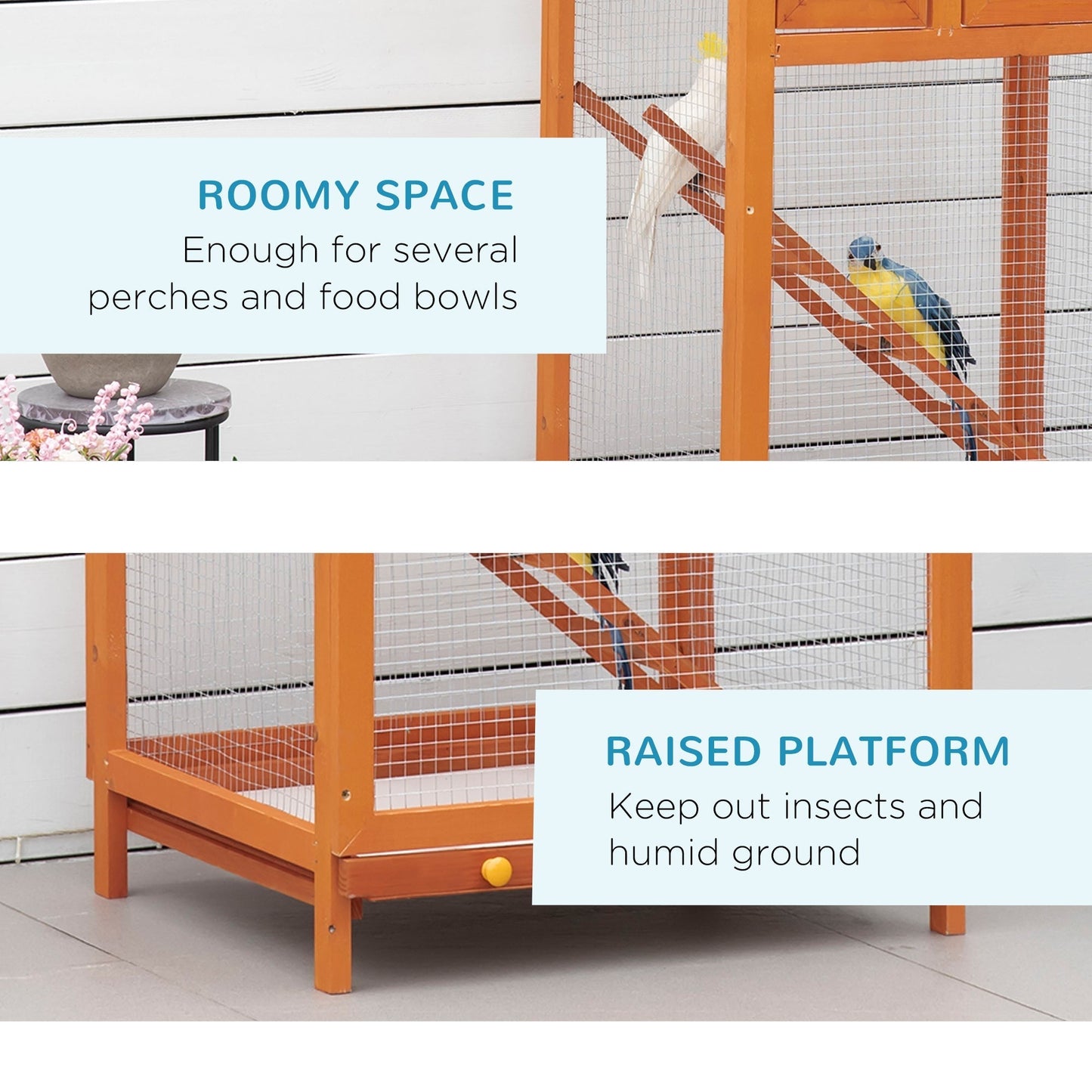 PawHut Wooden Bird Aviary Cages Outdoor Finches Birdcage with Pull Out Tray 2 Doors, Orange