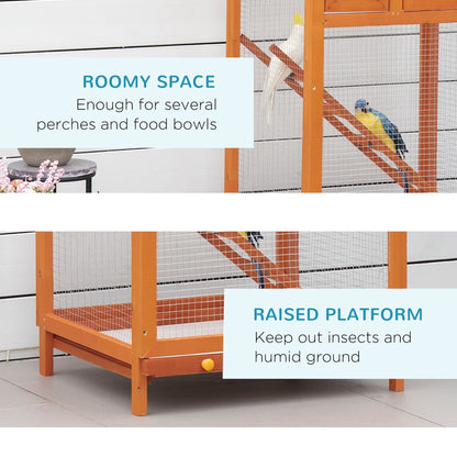 PawHut Wooden Bird Aviary Cages Outdoor Finches Birdcage with Pull Out Tray 2 Doors, Orange