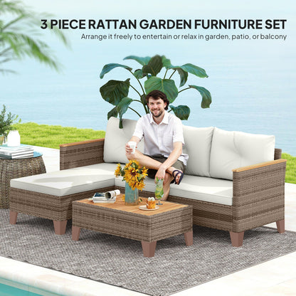 Outsunny 3 Pieces Rattan Garden Furniture Set, L Shaped Garden Conversation Chaise Lounge Furniture with Wood Top Coffee Table and Thick Cushions, Cream