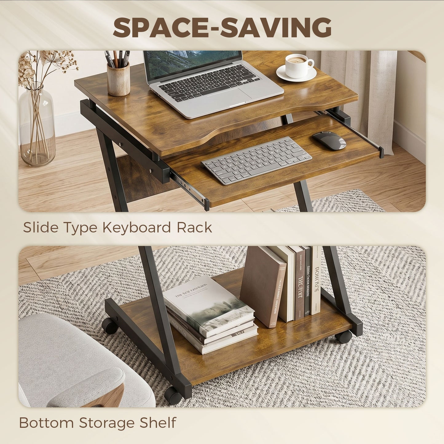 HOMCOM Movable Computer Desk with 4 Moving Wheels and Keyboard Tray
