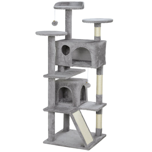 PawHut 138cm Cat Tree, Multi-Level Cat Tower with Scratching Posts and Pad, Bed, Condos, Platforms, Toy Balls, Light Grey