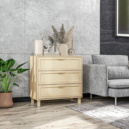 Komoda sypialniana HOMCOM Rattan, 3-szufladowa jednostka do przechowywania, komoda Boho do salonu, przedpokoju, naturalna