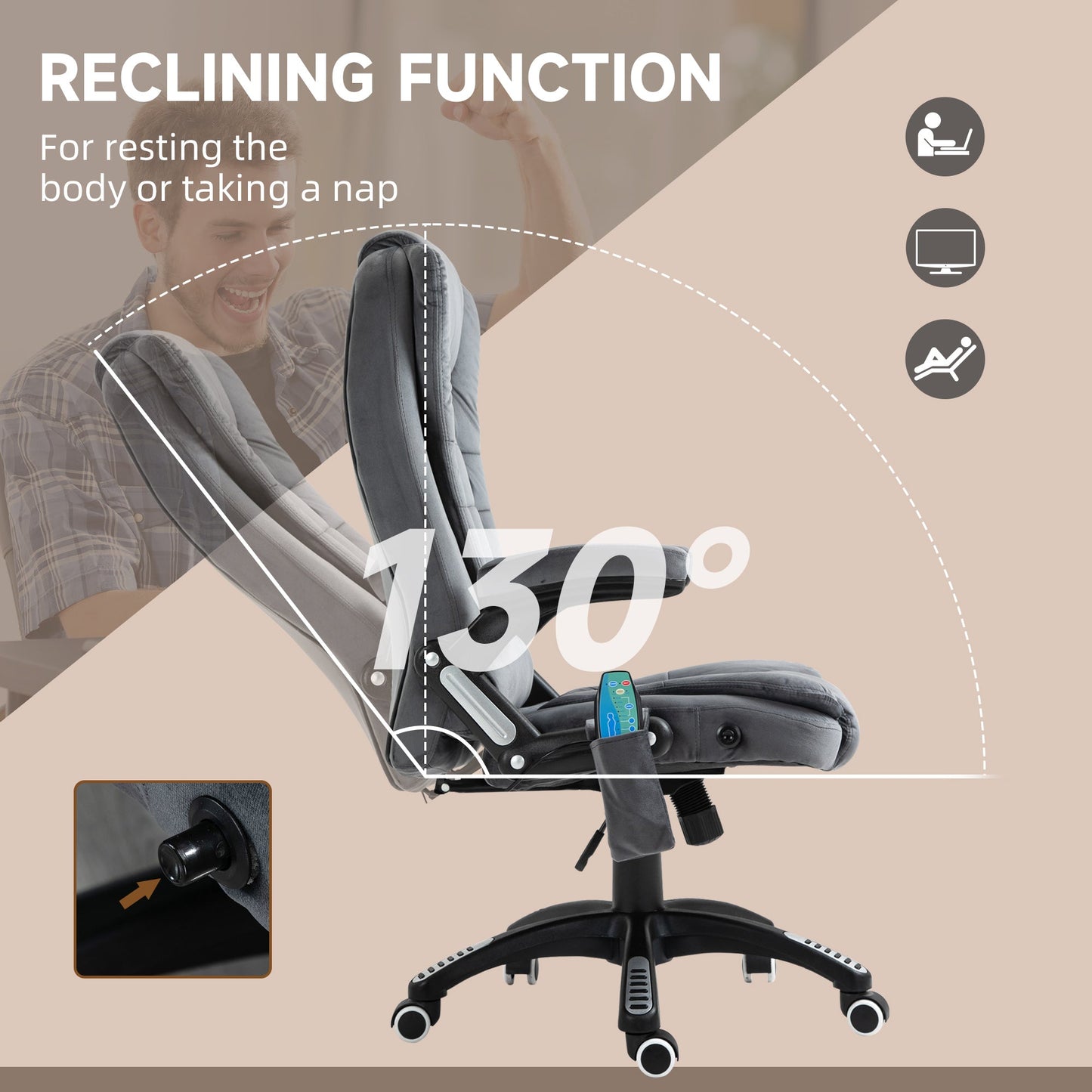 Vinsetto Massage Recliner Chair Heated Office Chair with Six Massage Points Velvet-Feel Fabric 360¡ Swivel Wheels Grey