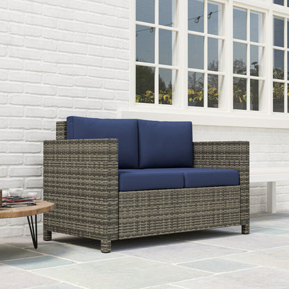 Outsunny 2-osobowe meble ogrodowe, sofa rattanowa z miękką wyściełaną poduszką i podłokietnikami, wiklinowa ogrodowa sofa dwuosobowa na patio, granatowa