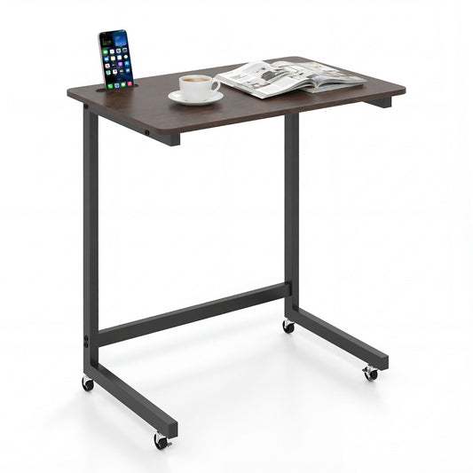 C-shaped End Table with Wheels Mobile Bedside Table with Built-in Phone Slot-Rustic Brown