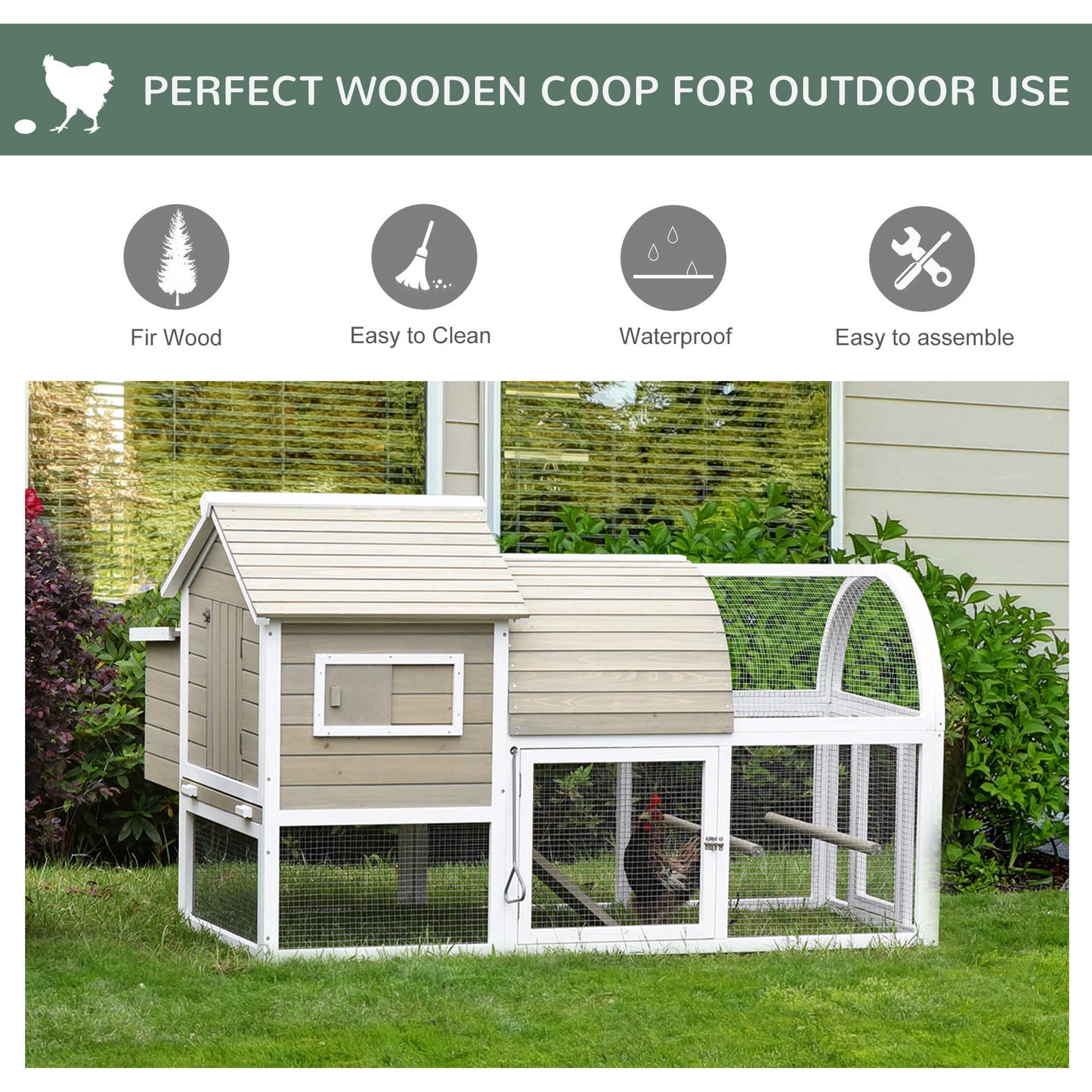 PawHut Wooden Chicken Coop Outdoor Hen House with Removable Tray Nesting Box Grey