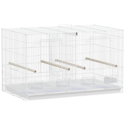 PawHut Bird Cage with Divider, 4 Wooden Perches, Slide Out Tray, 4 Feeders, for Budgie, Lovebird, Canary, 76 x 46 x 46cm, White