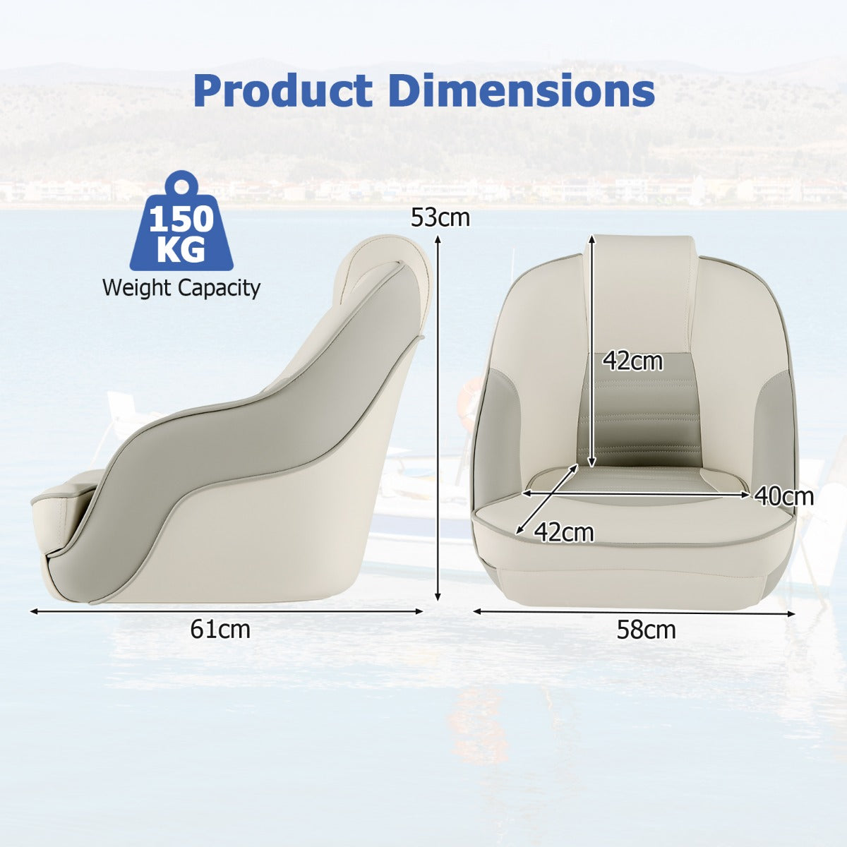 Pontoon Boat Seat with Waterproof PVC Leather and Thick Sponge Padding-White