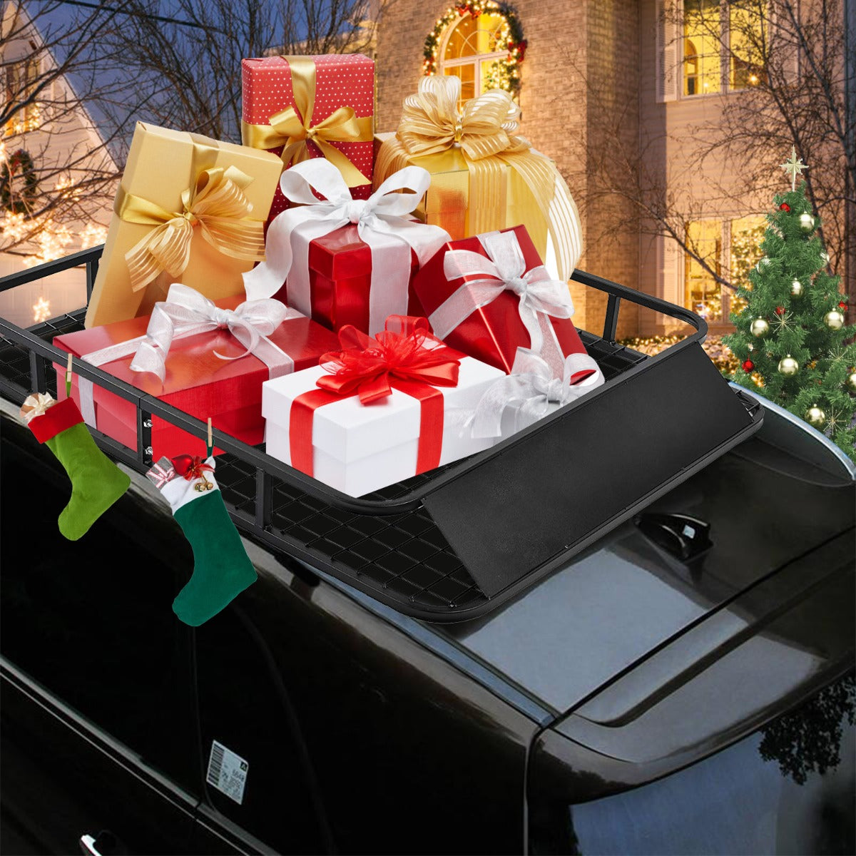 Car Roof Rack Basket with Wind Shield and 4 U-shaped Bolts