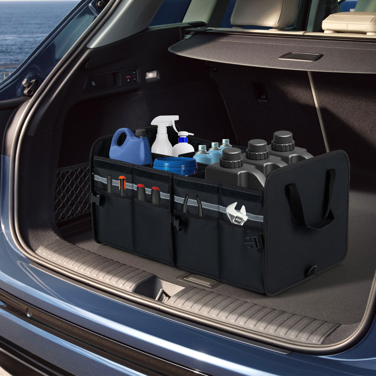 Car Trunk Organizer with Leakproof Cooler Bag and Adjustable Securing Straps-Black