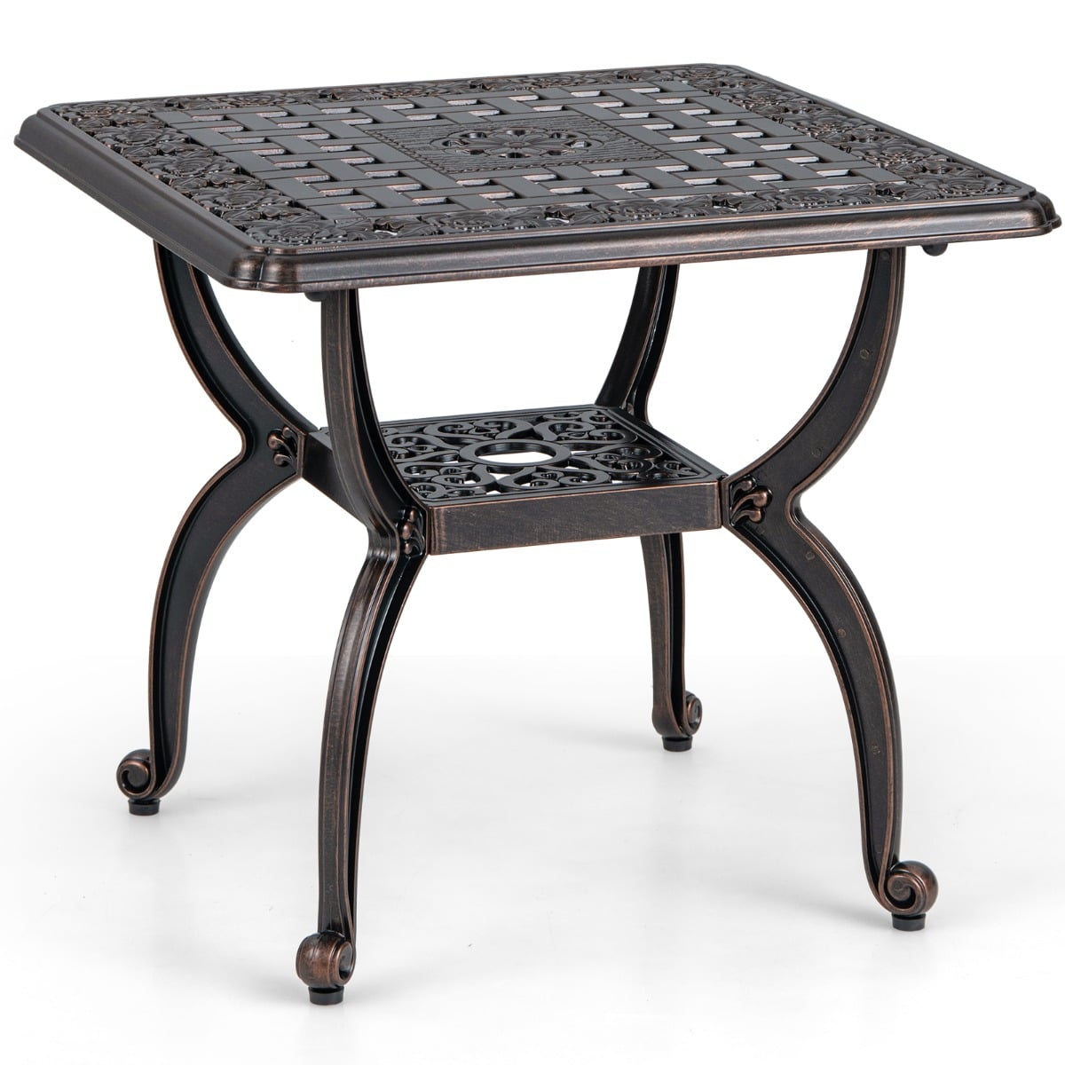 53 cm Cast Aluminum Outdoor Side Table with Hollow-carved Floral Pattern for Garden Porch-Rustic Brown