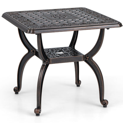 53 cm Cast Aluminum Outdoor Side Table with Hollow-carved Floral Pattern for Garden Porch-Rustic Brown