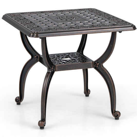 53 cm Cast Aluminum Outdoor Side Table with Hollow-carved Floral Pattern for Garden Porch-Rustic Brown