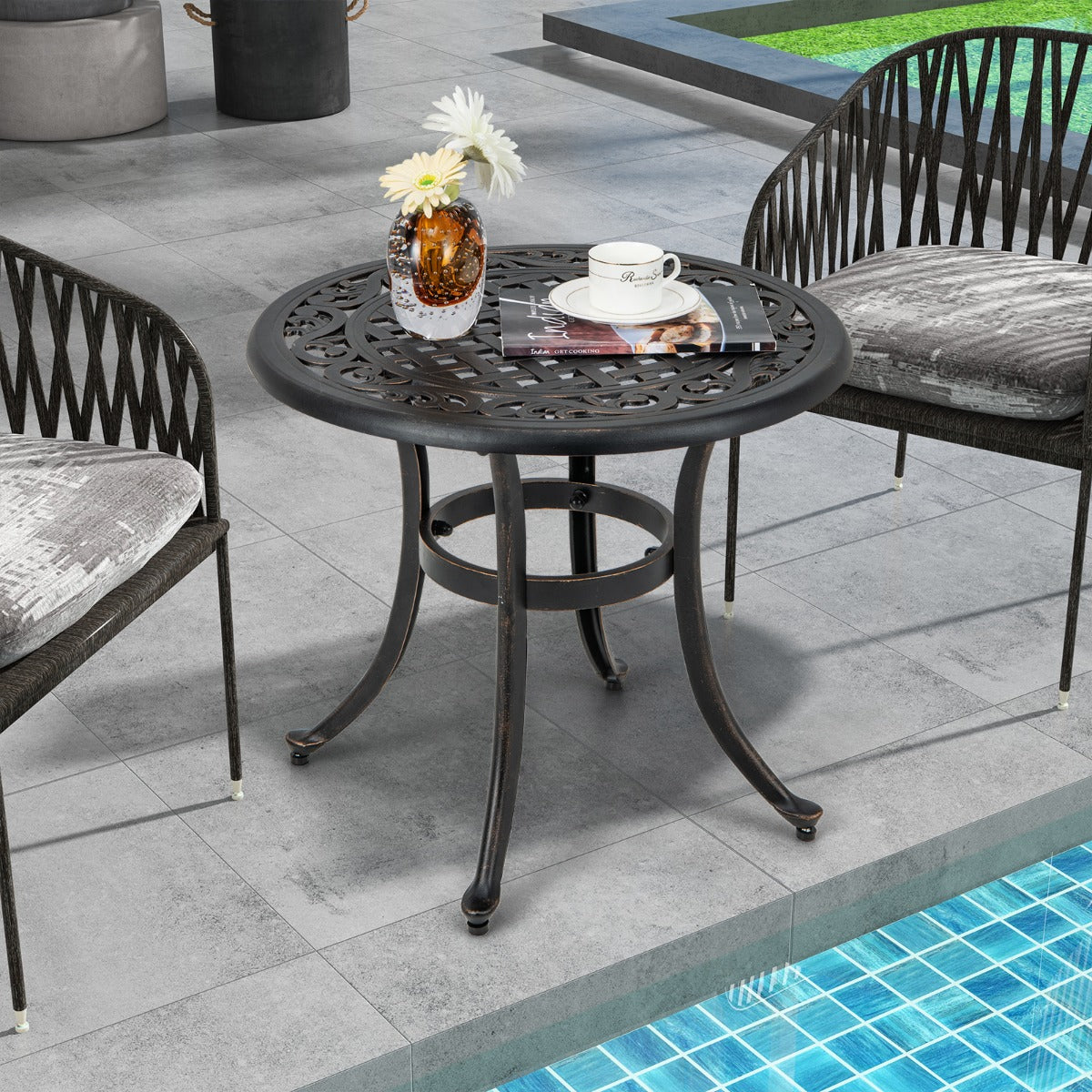 24 Inch Patio Side Table with Adjustable Footpads for Poolside Backyard Balcony-Rustic Brown