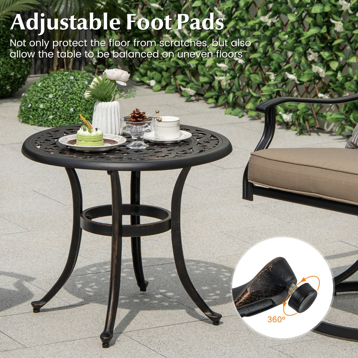 24 Inch Patio Side Table with Adjustable Footpads for Poolside Backyard Balcony-Rustic Brown