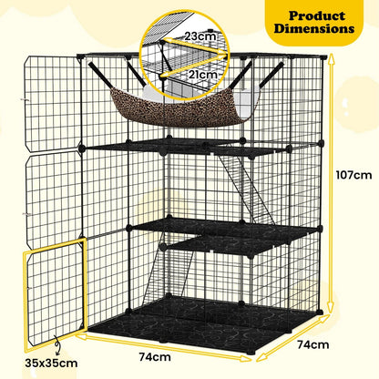 3-Tier Cat Enclosure Large Cat Cage with Comfy Hammock-Black