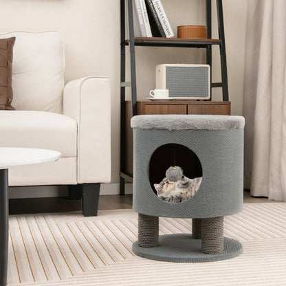 Cat Condo Stool for Indoor Cats with Scratching Posts and Plush Ball Toy-Grey