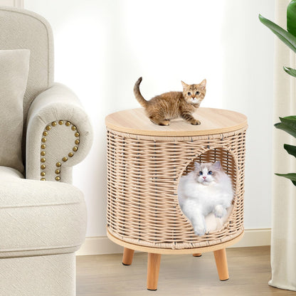 Cat House with Breathable Rattan Frame and Rubber Wood Legs-Beige