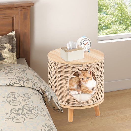 Cat House with Breathable Rattan Frame and Rubber Wood Legs-Beige