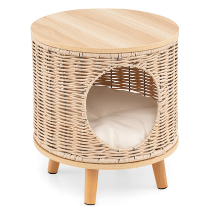 Cat House with Breathable Rattan Frame and Rubber Wood Legs-Beige