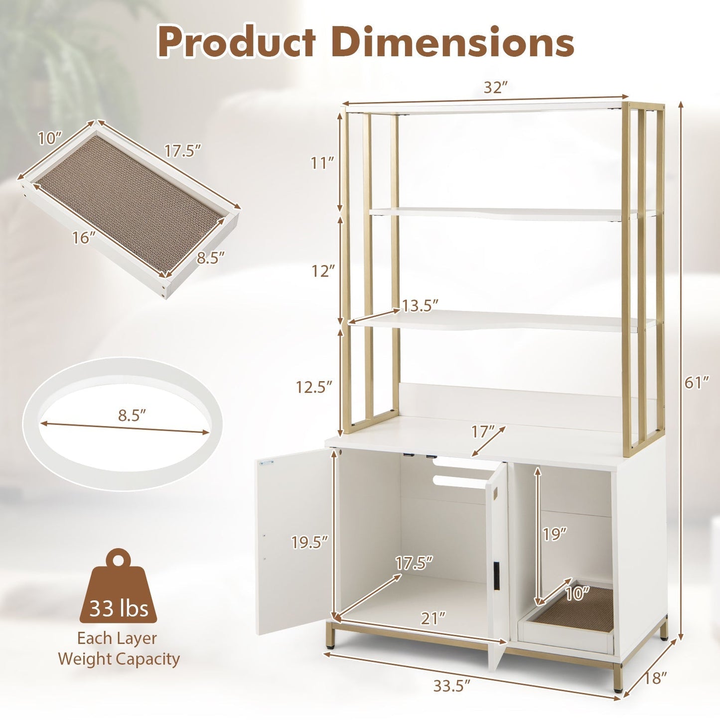 Cat Litter Box Enclosure with Storage and Shelves-White
