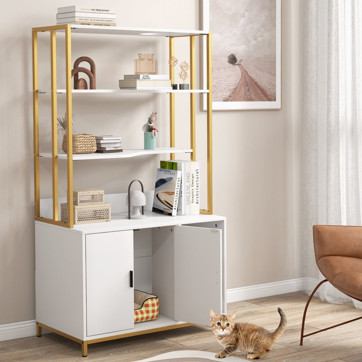 Cat Litter Box Enclosure with Storage and Shelves-White