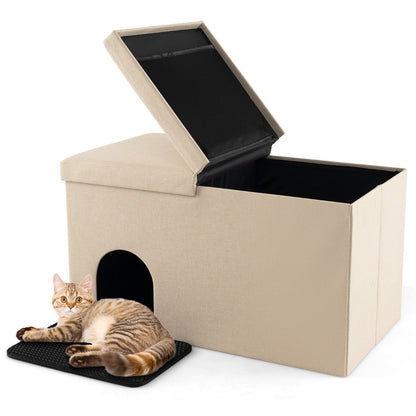Cat Litter Box Enclosure Hidden Furniture with Urine Proof Litter Mat-Beige