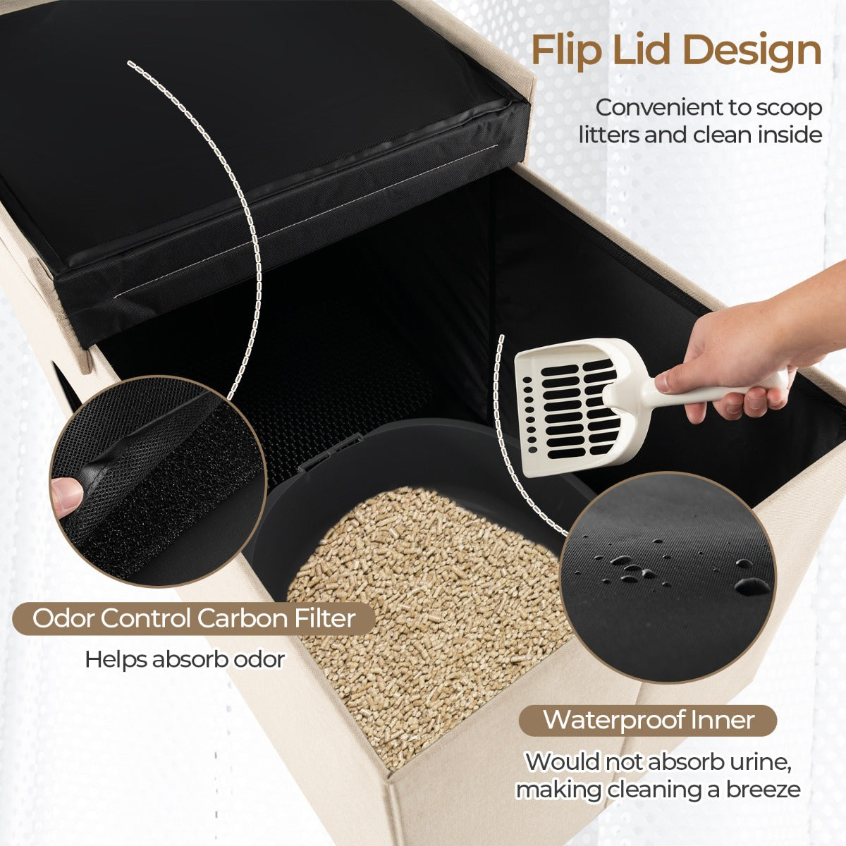 Cat Litter Box Enclosure Hidden Furniture with Urine Proof Litter Mat-Beige