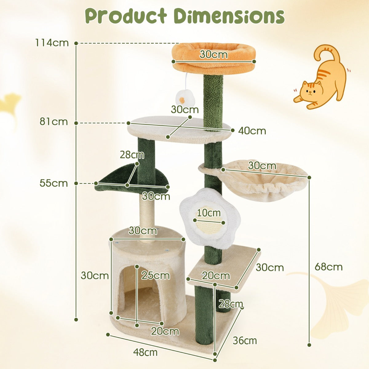 114CM Tall Cute Flower Multi-level Cat Tree with Sisal Post and Pad-Multicolor