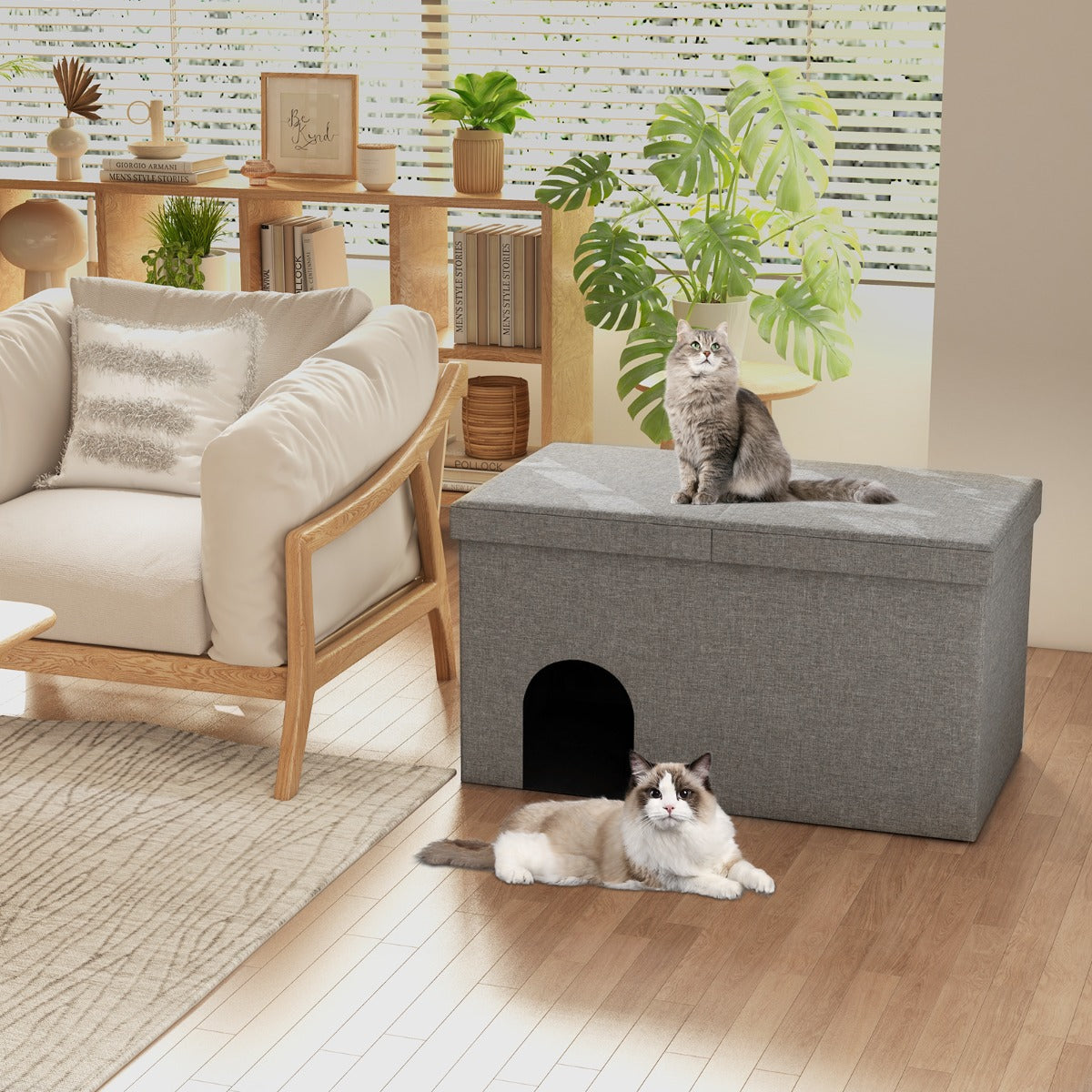 Cat Litter Box Enclosure Hidden Furniture with Urine Proof Litter Mat-Gray