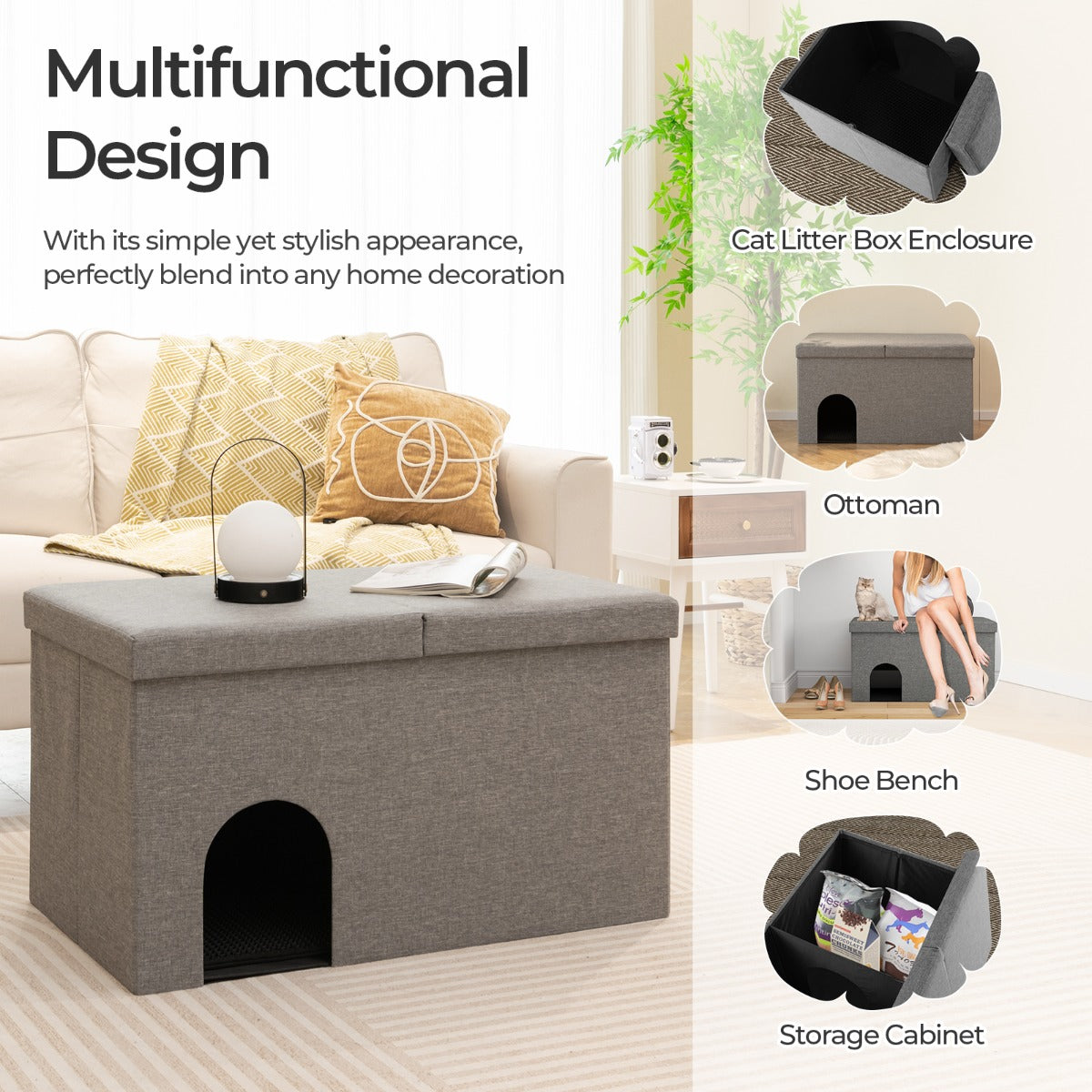 Cat Litter Box Enclosure Hidden Furniture with Urine Proof Litter Mat-Gray
