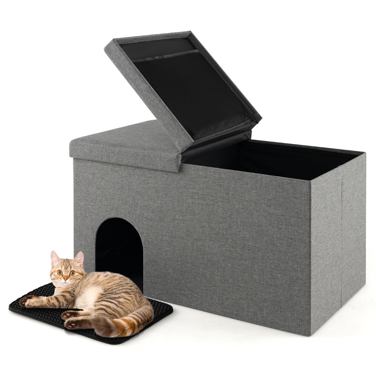 Cat Litter Box Enclosure Hidden Furniture with Urine Proof Litter Mat-Gray