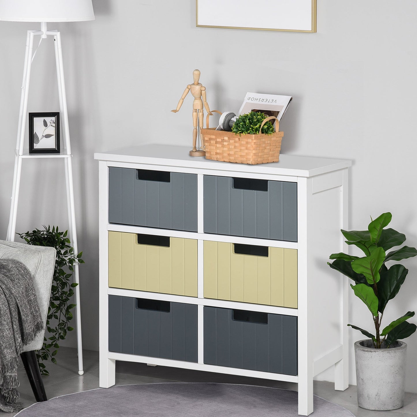 HOMCOM 6 Drawer Storage Tower, Dresser Chest with Wood Top, Organiser Unit for Closets Bedroom Nursery Room Hallway